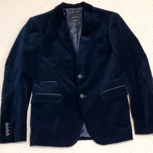 Basic Zara Men's Dark Blue Velvet Blazer, Faux Leather Trim, SZ 40, EUC
